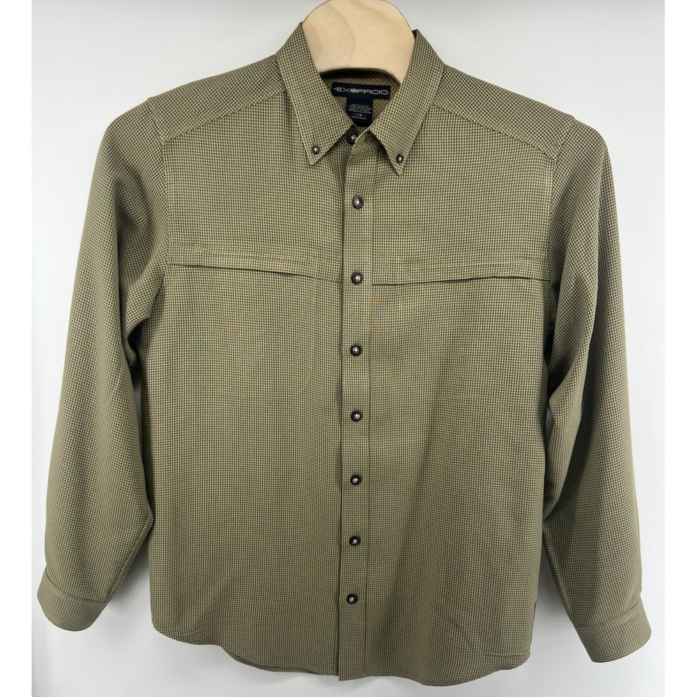 Exofficio Mens Button Up Shirt Long Sleeved Large Olive Green Pockets